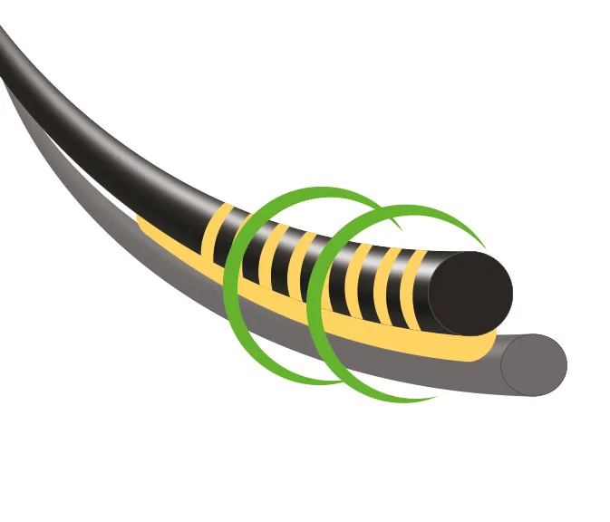 Illustration of a curved black lash with gold bands and green rings above a gray lash.