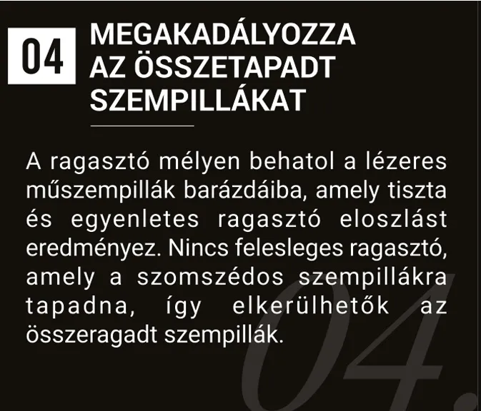 Hungarian infographic labeled “04” explains that laser lash adhesive spreads evenly to prevent lashes from sticking together.