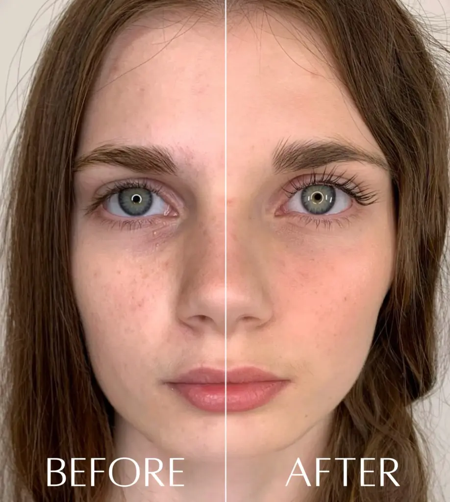 Before-and-after close-up showing a woman's natural lashes lifted and curled after treatment, labeled “BEFORE” and “AFTER.”