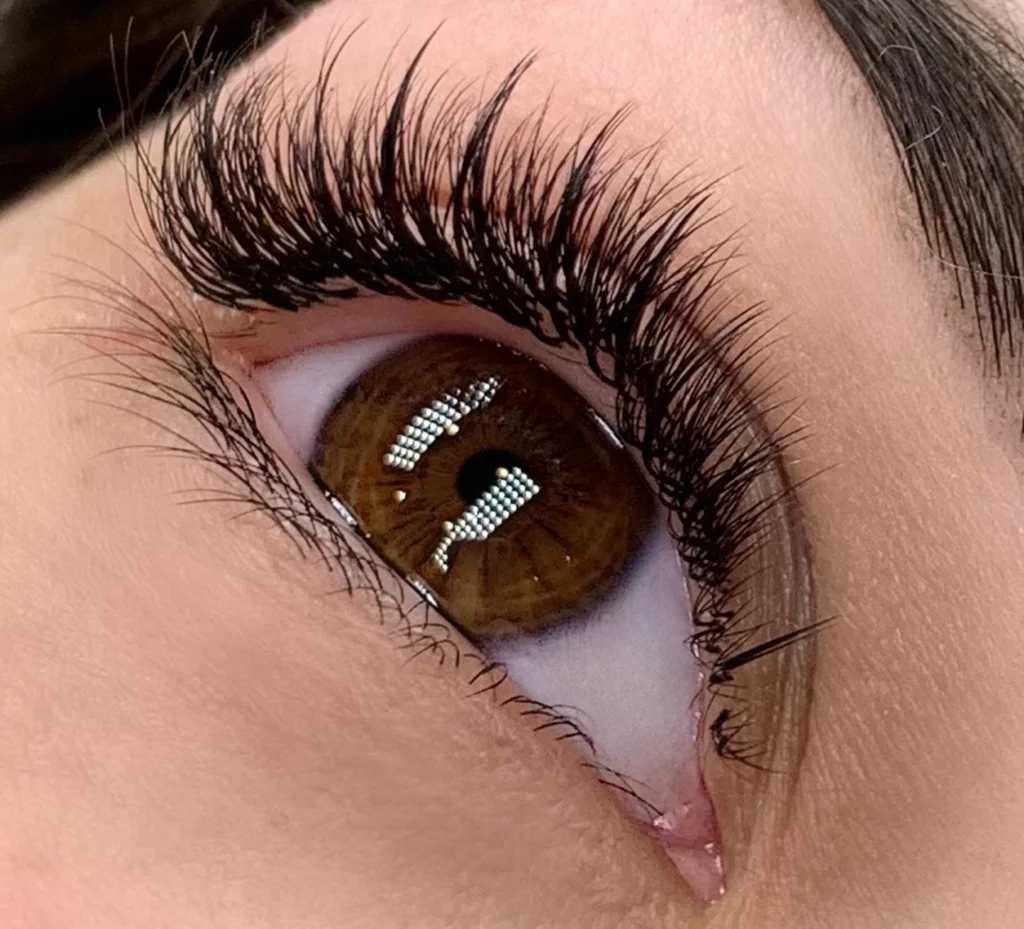 Close-up of a brown eye framed by dramatic, long black lash extensions.