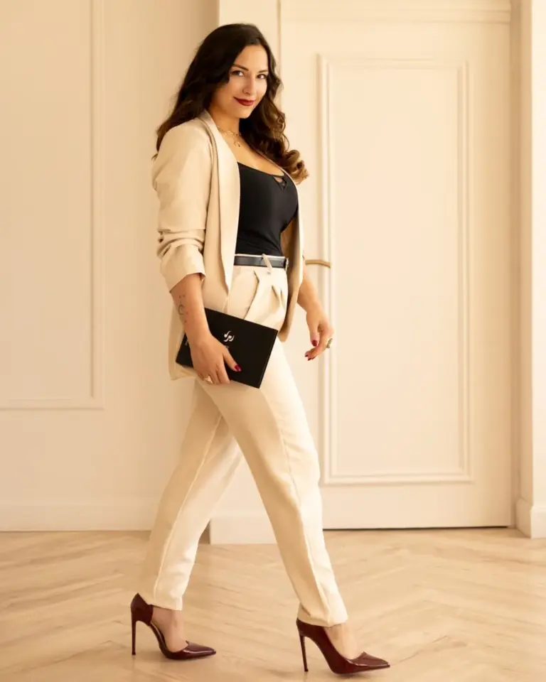 Ágnes Megyes walks indoors in a cream suit and burgundy heels, carrying a black folder.