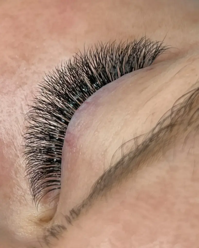 Close-up of a closed eye with long, dense black lash extensions and a shaped eyebrow.