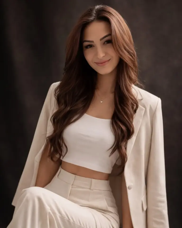 Brunette woman in a white outfit smiles in a seated studio portrait against a dark backdrop.