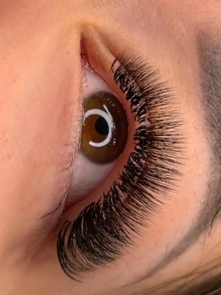Close-up of a brown eye with long, voluminous lash extensions and a full, shaped eyebrow
