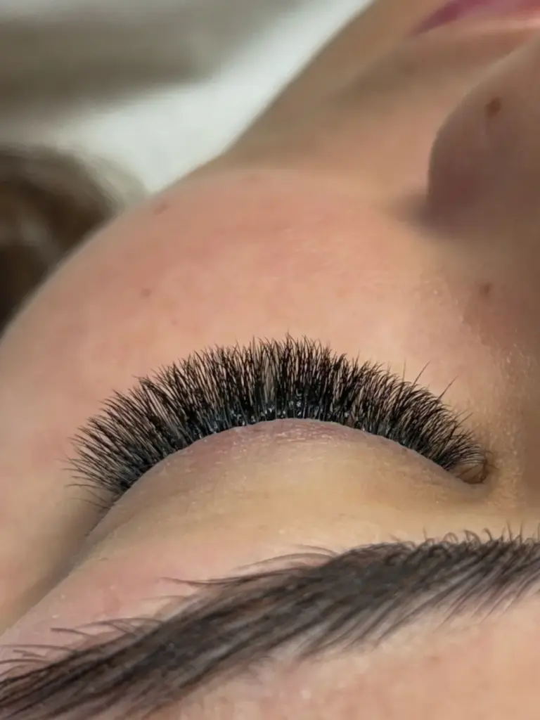 Close-up of a closed eye with dense black lash extensions and a natural, full eyebrow.