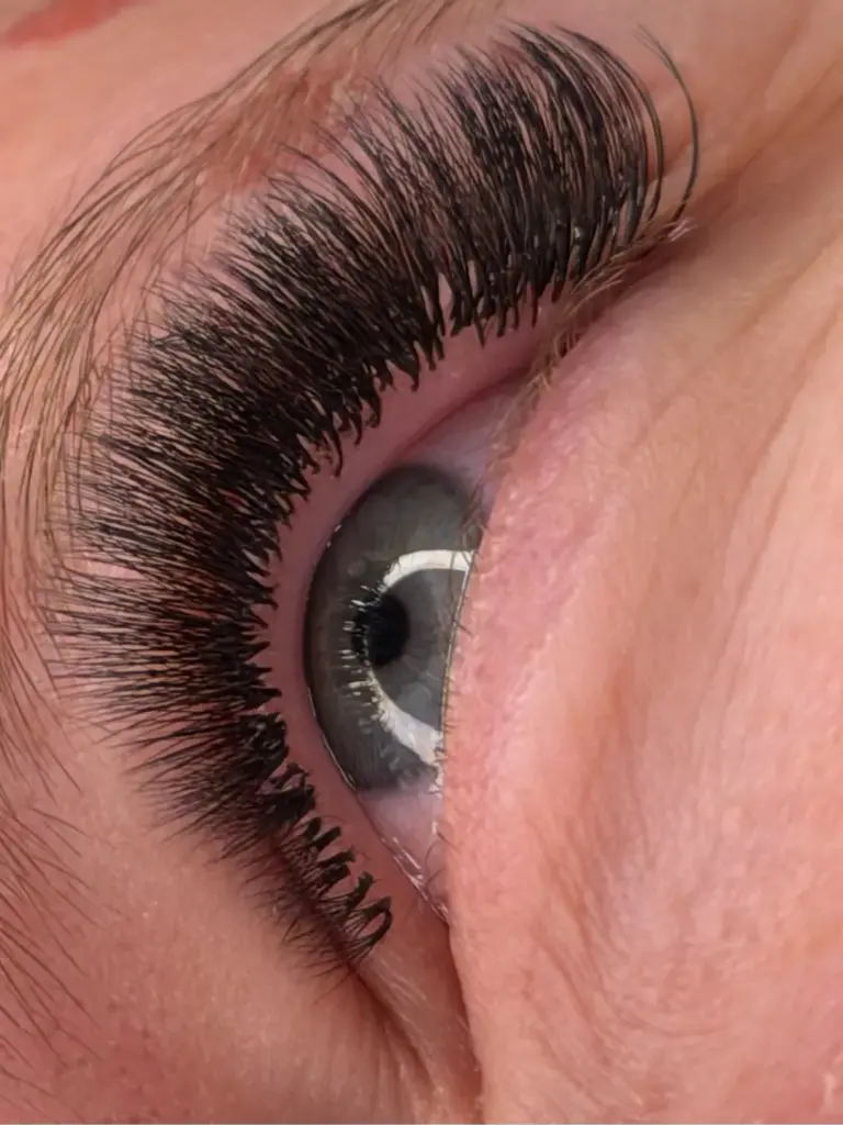 Close-up of a gray eye framed by dense, curled black eyelash extensions and a natural brow.