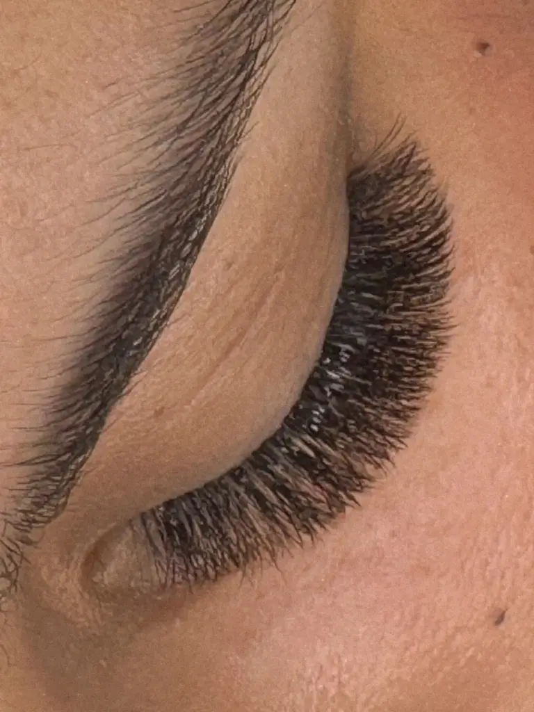 Close-up of a closed eye with dense, long dark eyelash extensions and a shaped eyebrow.