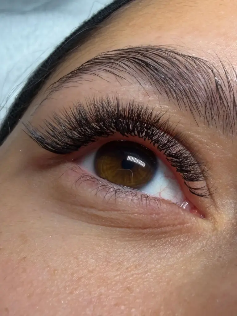 Close-up of a brown eye with voluminous, curled lash extensions and a neatly shaped eyebrow.