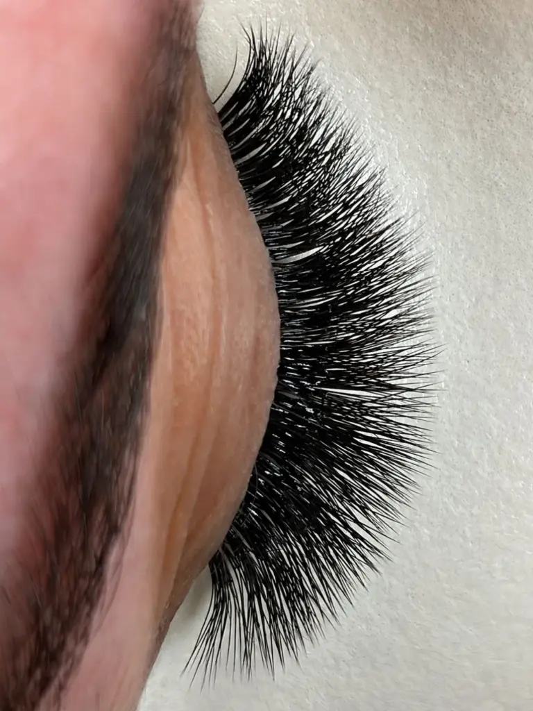 Close-up of a closed eye with dense, long black eyelash extensions fanning outward.
