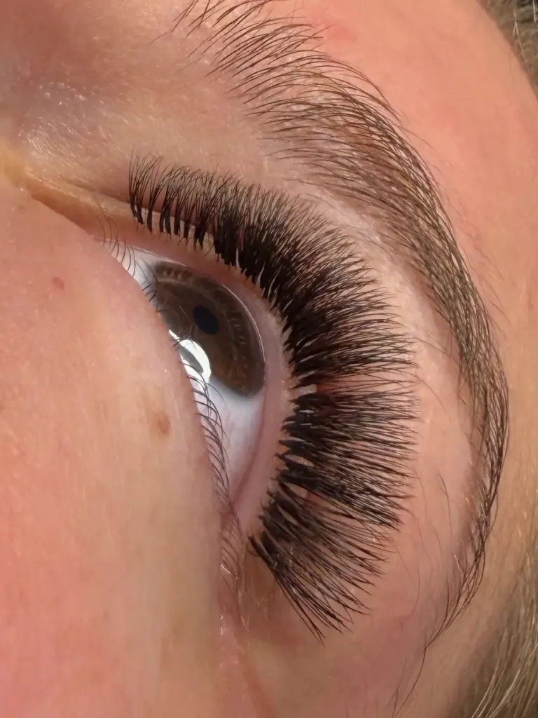 Close-up of a brown eye with long, dark fanned lashes and a full, shaped eyebrow.