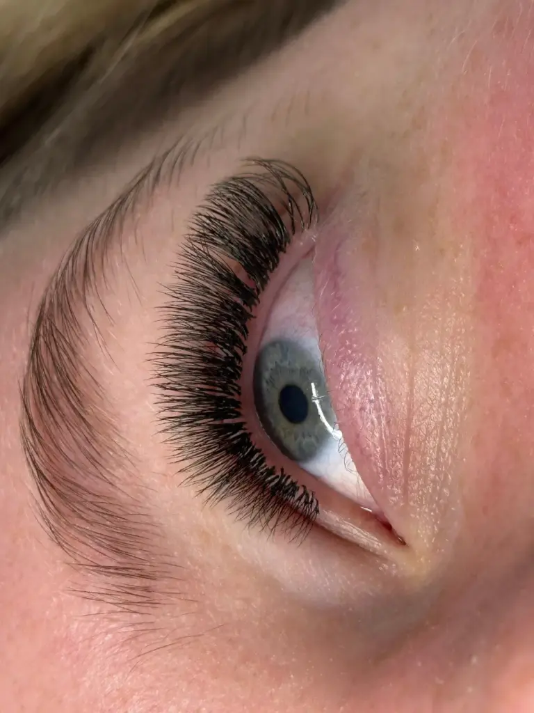 Close-up of a blue eye with dense, curled black lash extensions and a natural eyebrow.