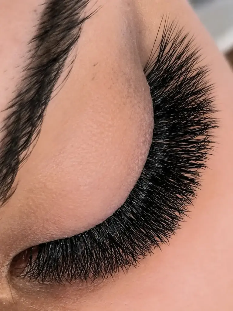Close-up of a closed eye with dense black lash extensions and a shaped dark eyebrow.