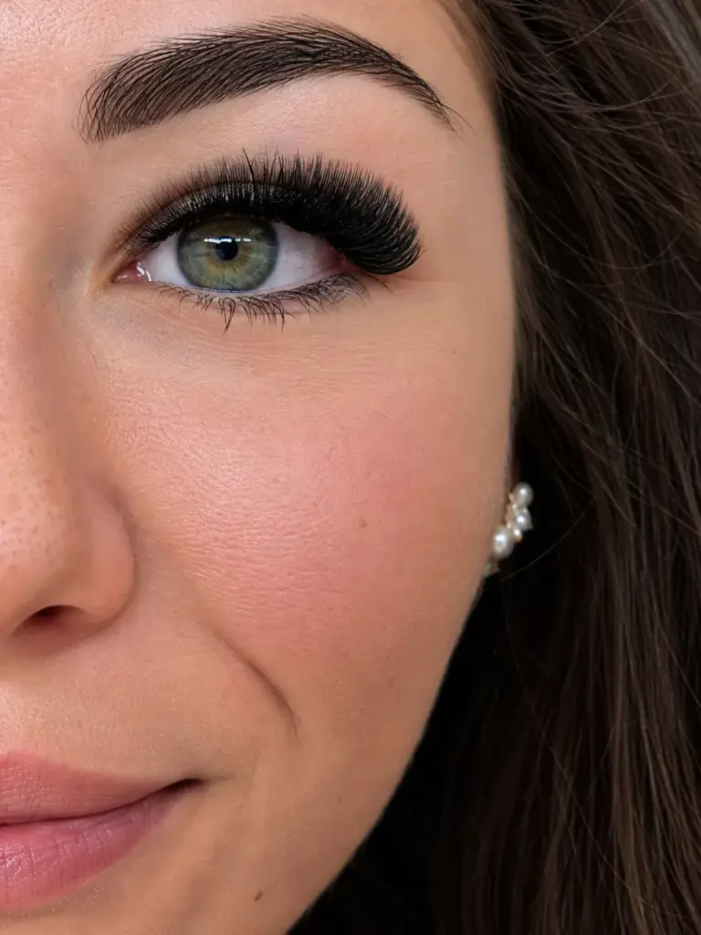 Close-up of a green eye with dramatic black lash extensions, a shaped eyebrow, and pearl earrings.
