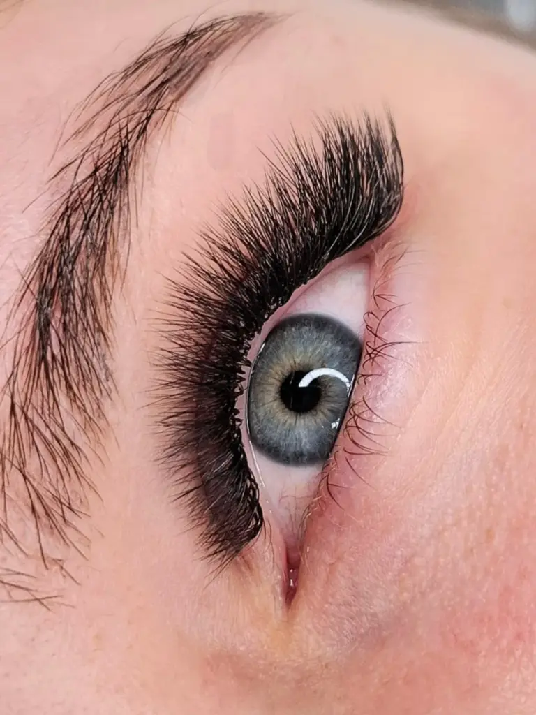 Close-up of a blue-gray eye with long, voluminous black lash extensions and a full natural eyebrow.