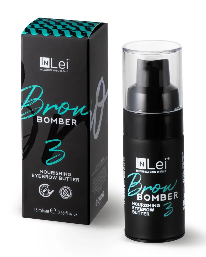 InLei Brow Bomber 3 nourishing eyebrow butter bottle and box on a white background