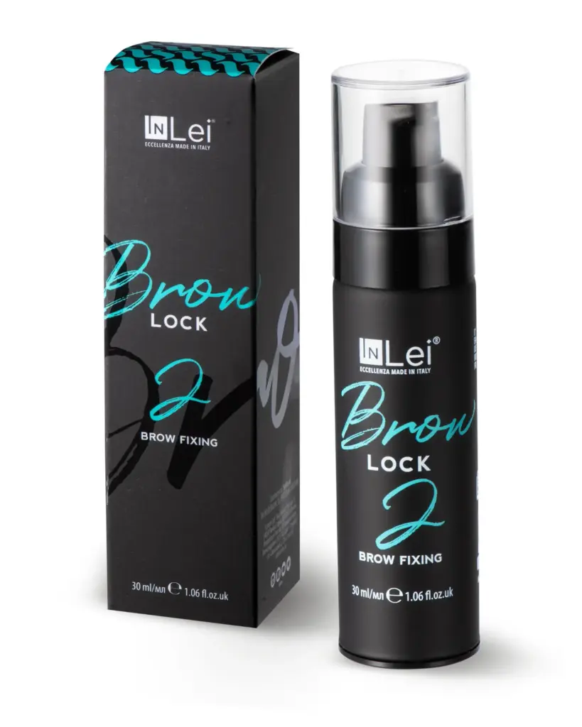 IN Lei Brow Lock 2 brow-fixing pump bottle and matching black box on a white background.