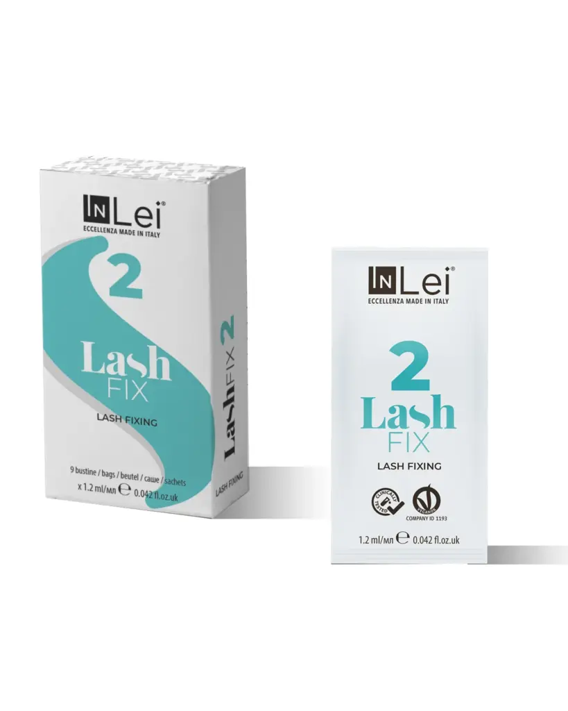 InLei Lash Fix 2 lash-fixing sachet beside its box of nine 1.2 ml sachets.